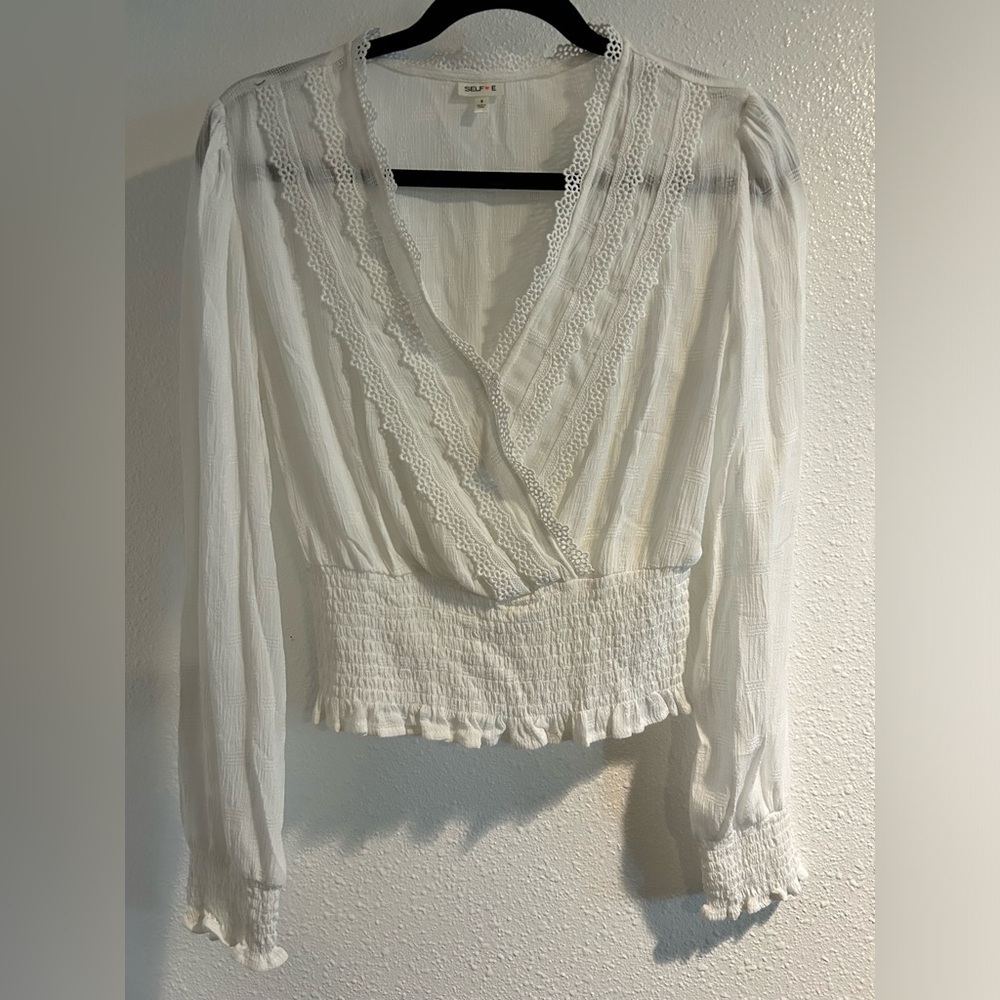 Self Love Boho White Faux Wrap Smocked Ruffled Blouse Size Small